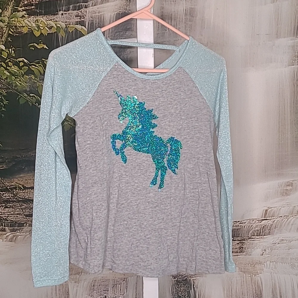 Justice Girls 12 sparkly sequin color changing unicorn teal shirt